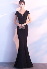 Black Mermaid Cap Sleeves Long Evening Gown, Black Prom Dress