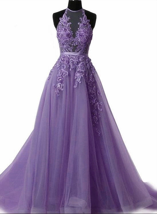 Light PurpleHalter Neck Lace Prom Dress with Sweep Train, Backless Evening Gowns