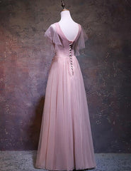 Pink Tulle V-neckline Long Prom Dress, New Pink Wedding Party Dress