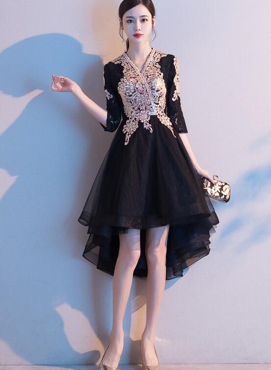 Black Tulle High Low Dress with Lace Applique, Short Wedding Party Dress