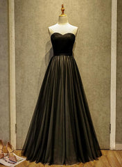 Simple Black Sweetheart A-line Long Tulle Party Dress, Black Evening Gown