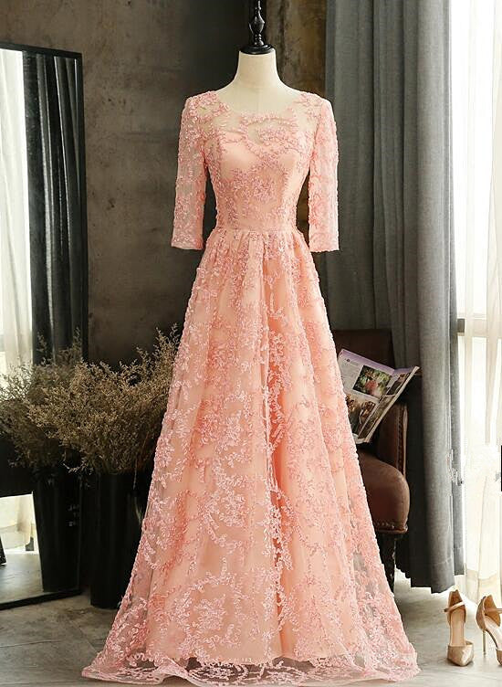 Pink Lace A-line Short Sleeves Bridesmaid Dress, Pink Long Party Dresses
