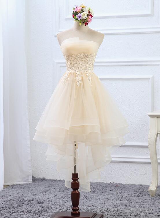 Light Champagne High Low Tulle Layers Homecoming Dress, Cute Short Prom Dress
