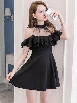Lovely Black Short Halter Off Shoulder Dress, Women Dresses, Summer Black Dress