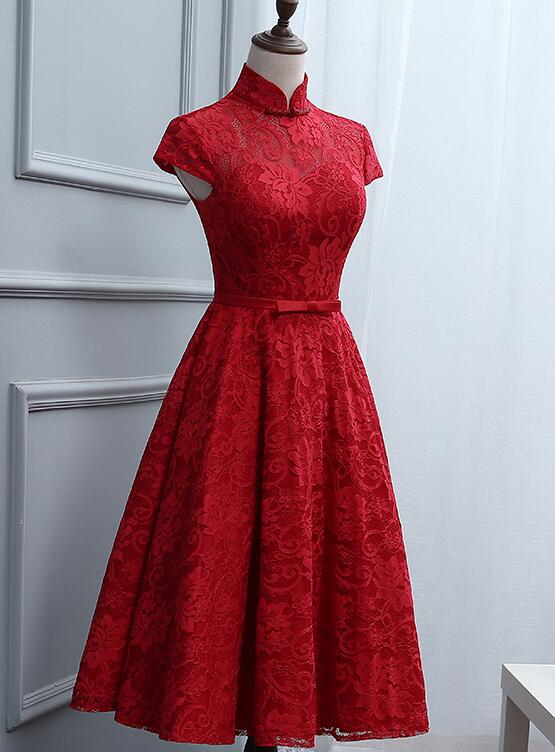 Red Lace Knee Length High Neckline Party Dress, Lace Homecoming Dresses