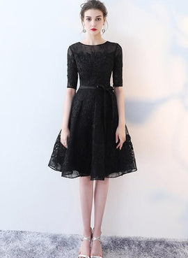 Cute Black Lace Short Sleeves Party Dress, Black Lace Homecoming Dress