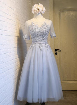 Light Grey Tea Length Homecoming Dress, Round Neckline Party Dresses 