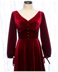 Charming Dark Red Velvet Long Sleeves A-line Party Dress, Bridesmaid Dress