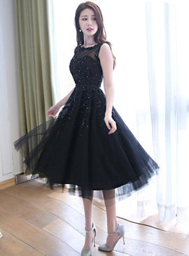 Beautiful Handmade Tea Length Tulle Black Party Dress, Black Bridesmaid Dress