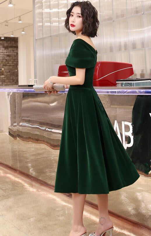 Green Tea Length Velvet Off Shoulder Party Dress, Green Bridesmaid Dress Green Tea Length Velvet Off Shoulder Party Dress, Green Bridesmaid Dress
