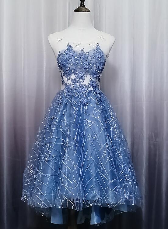 Blue Lace Round Neckline High Low Party Dress, Blue Short Homecoming Dress