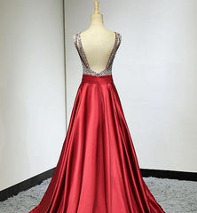 Red Sequins Satin Round Neckline Backless Long Prom Dress, Red Formal Dress