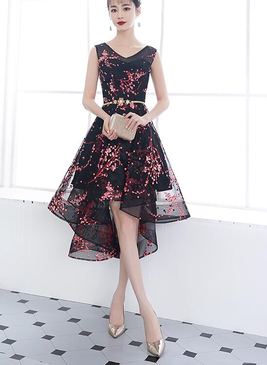 Adorable Black Floral High Low Homecoming Dress, V-neckline Short Prom Dress