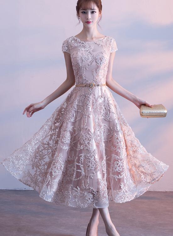 Cute Cap Sleeves Lace Tea Length Bridesmaid Dress, Lovely Bridesmaid Dress