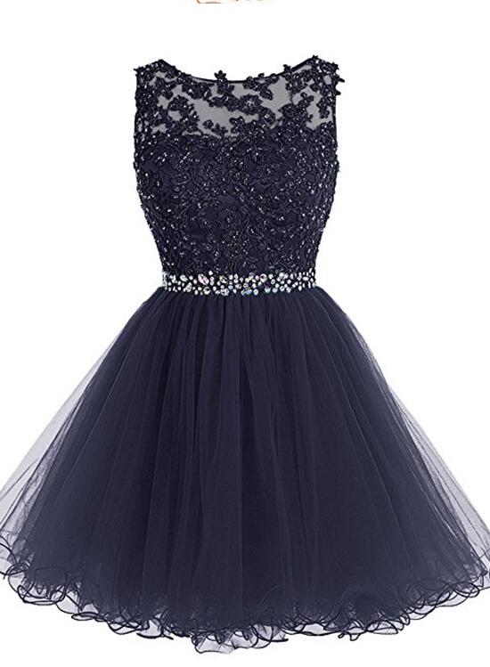 Lovely Tulle Short Homecoming Dress with Beadings,Lace Applique Formal Dress