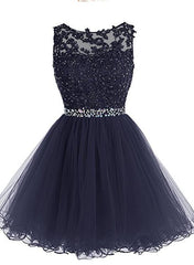 Lovely Tulle Short Homecoming Dress with Beadings,Lace Applique Formal Dress
