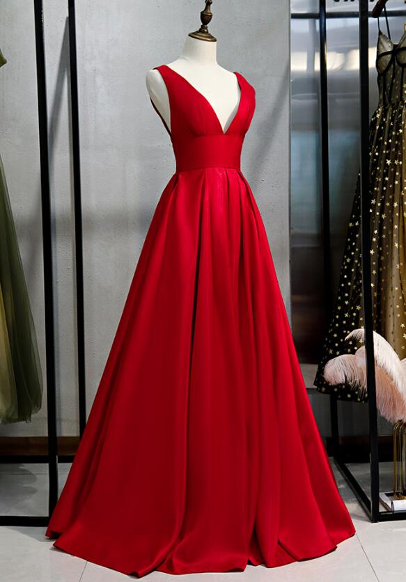 Beautiful Red Satin V-neckline Party Dress, Red Prom Dress