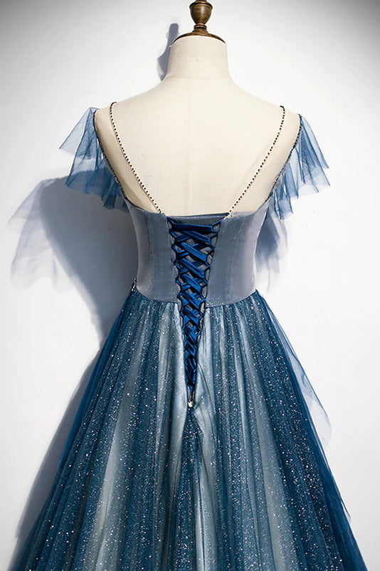 Blue A-line Round Neckline Beaded Prom Dress, Blue Round Neckline Party Dress