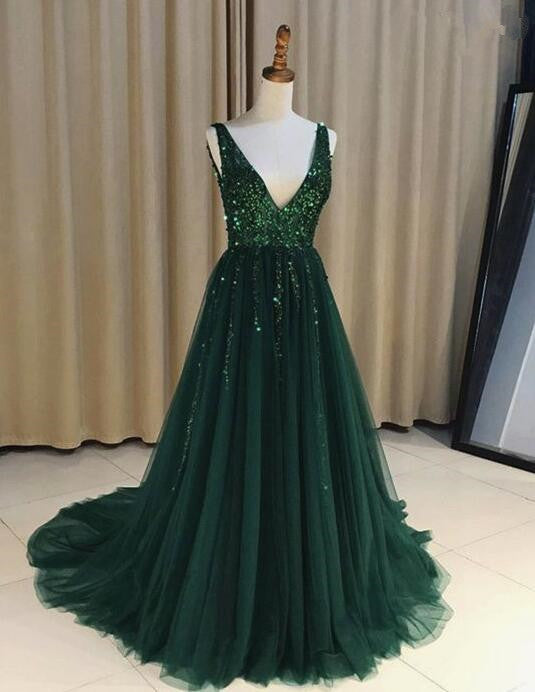 Tulle Dark Green Sparkly Sequins Beaded V-neck Prom Dresess, Green Evening Gowns, Women Formal Dresses
