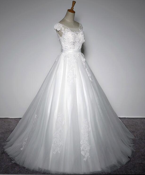 Simple Wedding Gowns, Tulle Round Neckline Lace Detail Party Dress, White Formal Gowns