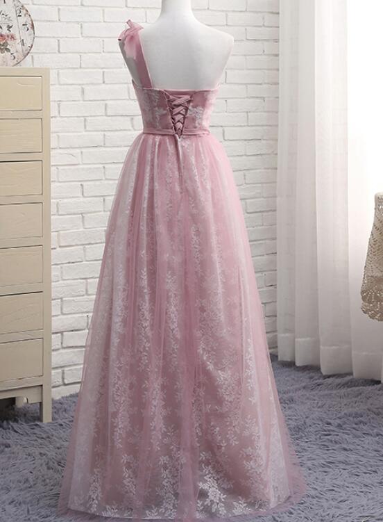 Pink One Shoulder Lace Elegant Bridesmaid Dress, Pink Bridesmaid Dress, Party Dress