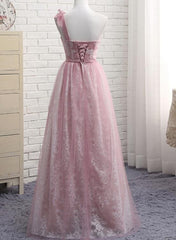 Pink One Shoulder Lace Elegant Bridesmaid Dress, Pink Bridesmaid Dress, Party Dress