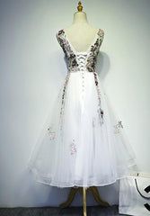 Beautiful White Tulle Floral Tea Length Party Dress, Cute Party Dress, Floral Prom Dress