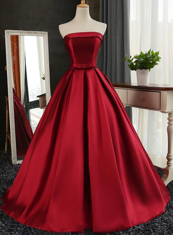 Wine Red Satin Long Party Gowns, Wine Red Formal Gowns, Junior Prom Dress