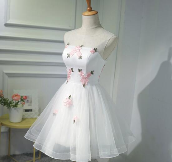 White Short Cute Graduation Party Dress , Lovely Prom Dress , Formal Dress Tulle with Flowers