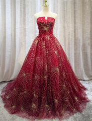 Beautiful Red Sparkle Lace-up Long Prom Dress, Dark Red Formal Gowns, Woman Formal Dress