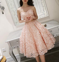 Cute Pink Floral Lace Short Sweetheart Romantic Party Dress, Teen Formal Dress