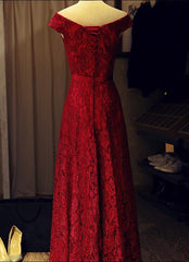 Dark Red Lace Off Shoulder Long Formal Gown with Belt, Pretty Party Dress, Prom Dress