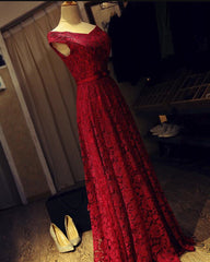 Dark Red Lace Off Shoulder Long Formal Gown with Belt, Pretty Party Dress, Prom Dress