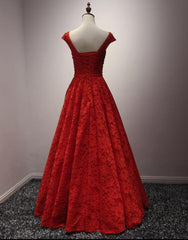 Red Lace Long A-line Elegant Handmade Beaded Prom Gowns, Red Evening Formal Dress, Lace Party Gowns