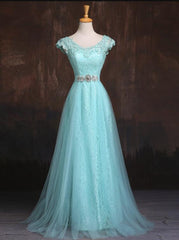 Blue Cap Sleeves Lace and Tulle with Belt Party Dress, Charming Formal Gowns for Sale, Pretty Dresses