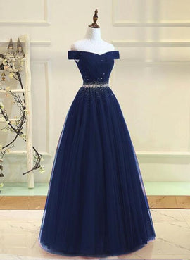 Navy Blue Tulle Beaded Prom Gowns, Tulle Party Dresses, Elegant Formal Dresses