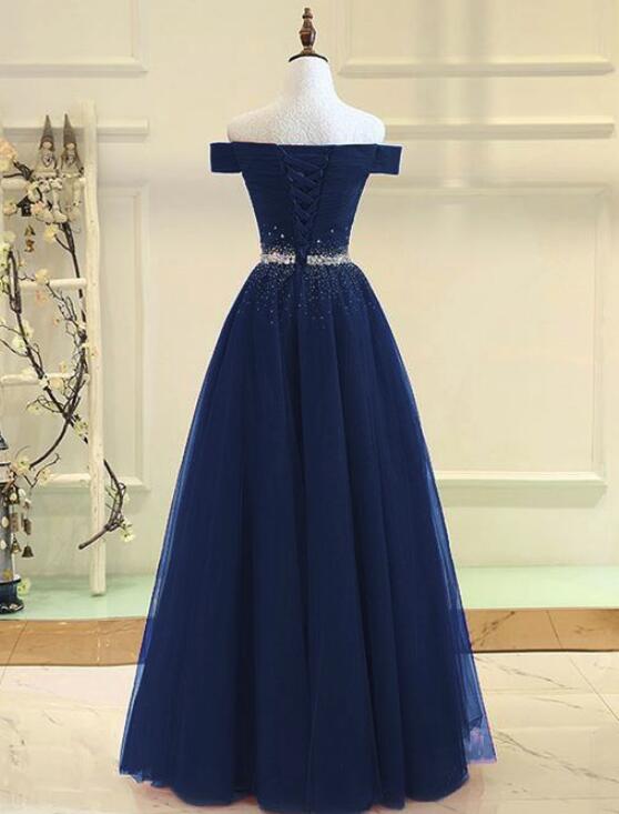 Navy Blue Tulle Beaded Prom Gowns, Tulle Party Dresses, Elegant Formal ...