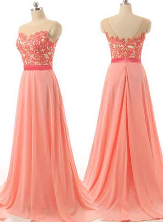 Peach Pink Chiffon and Lace Long Bridesmaid Dresses, Simple Bridesmaid Dresses 2k18, Long Formal Gowns