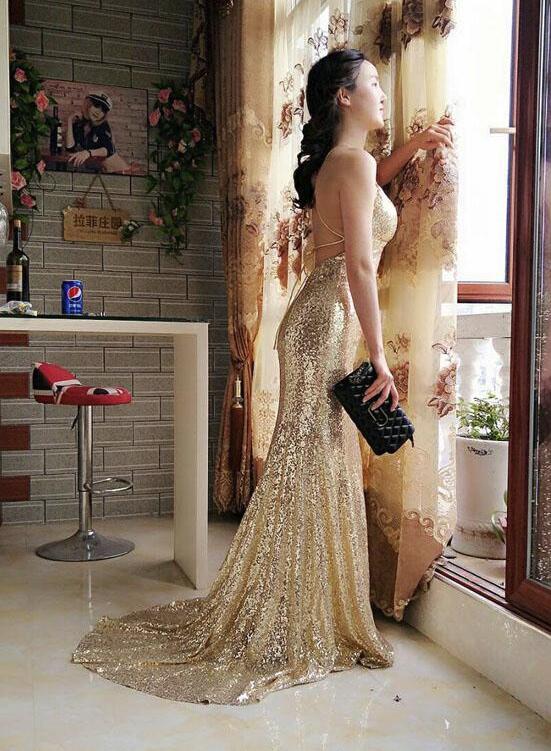 Sexy Gold Cross Back Sparkle  Sheath Sweep Train Long Prom Dress, Sequin Party Dress, Charming Evening Gowns