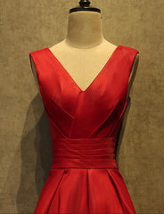 High Quality Red Satin Floor Length Women Formal Dress, Red V-neckline Prom Dress, Red Party Gowns