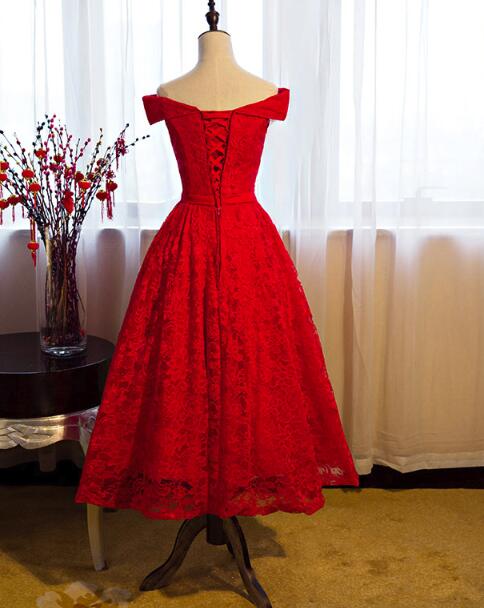 Red Lace Vintage Off Shoulder Tea Length Party Dress, Red Formal Dress, Beautiful Dresses