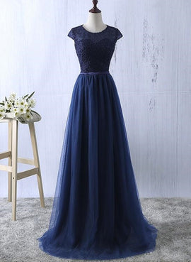 Navy Blue Lace and Tulle Long Bridesmaid Dresses, Pretty Simple Bridesmaid Dresses, Prom Dress