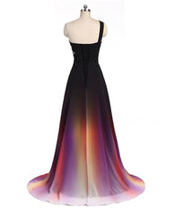 One Shoulder Beaded Gradient Chiffon Long Party Dress, Gradient Formal Gowns