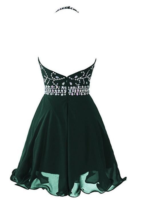 Dark Green Beaded Short Homecoming Dress , Beaded Party Dress, Halter Short Prom Dress
