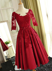 Beautiful Red 1/2 Sleeves Lace Satin Vintage Style Party Dress, Tea Length Handmade Formal Dresses