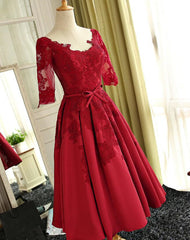 Beautiful Red 1/2 Sleeves Lace Satin Vintage Style Party Dress, Tea Length Handmade Formal Dresses