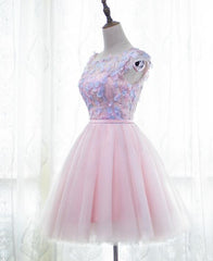 Pink Tulle Cute Girls Party Dresses, Lovely Short Round Neckline with Flowers Party Dresses