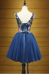 Blue V-neckline Homecoming Dresses, Cute Tulle Flowers Party Dress, Lace-up Formal Dresses
