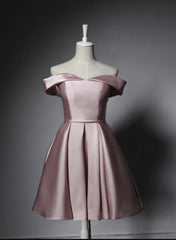 Light Pink Homecoming Dress, Off Shoulder Satin Short Party Dress with Belt, Prom Dress