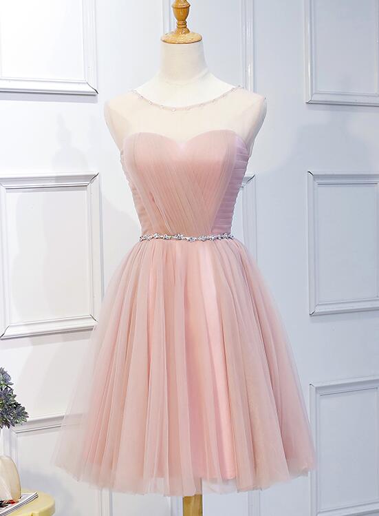 Light Pink O-neckline Beaded Cute Party Dress, Pink Short Formal Dress